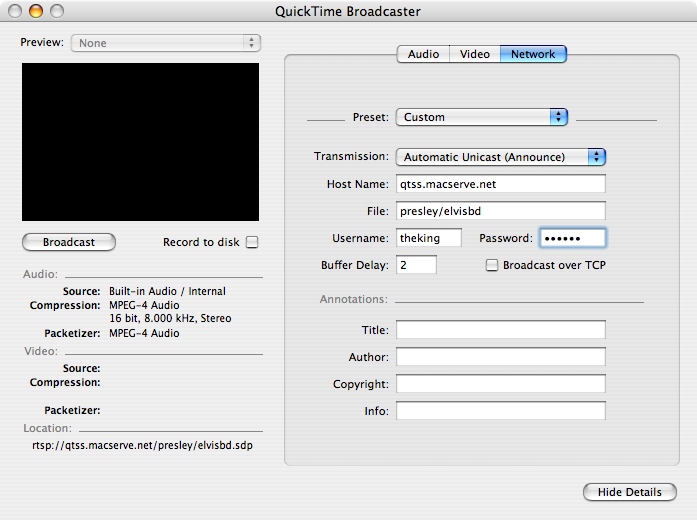 quicktime broadcaster settings